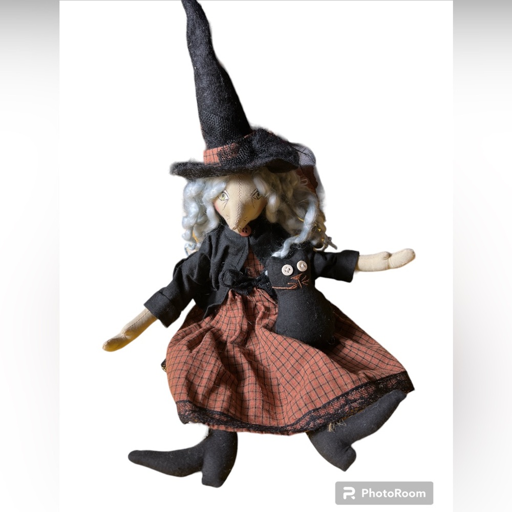 Delton Products Weighted Witch Doll-Hand Painted Face-Halloween With Black Cat
